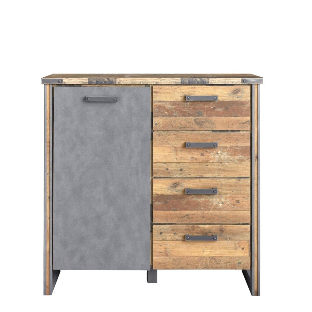 Prip byrå 1 dörr och 4 lådor, gammalt trä-look, trämönstrad.