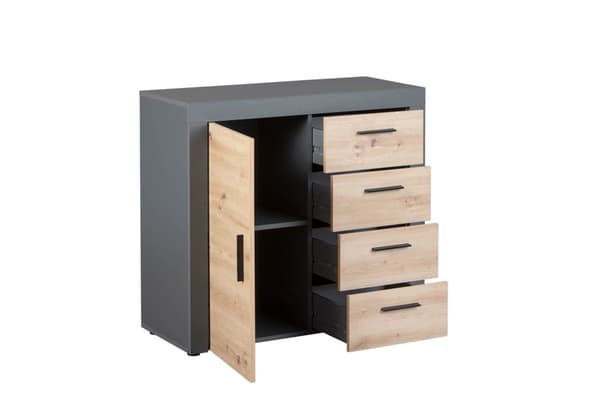 Corbeto1T4S byrå 4 lådor, 1 dörr antracit, Artisan ek-look.