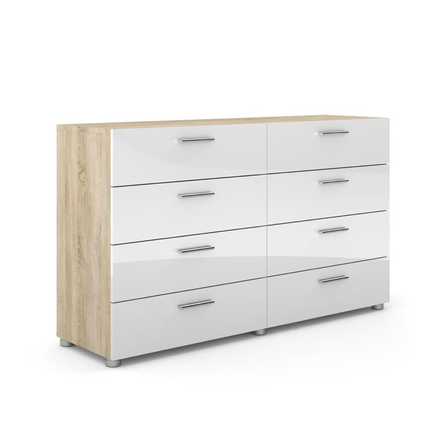 Petra byrå 8 lådor ek struktur dekor och vit hög glans.