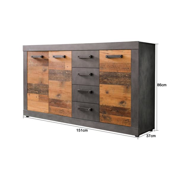 Indy byrå 3 dörrar, 4 lådor grå ekmönstrad, Old Wood-look.