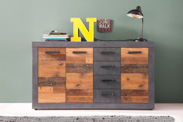 Indy byrå 3 dörrar, 4 lådor grå ekmönstrad, Old Wood-look.
