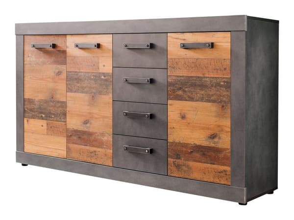 Indy byrå 3 dörrar, 4 lådor grå ekmönstrad, Old Wood-look.