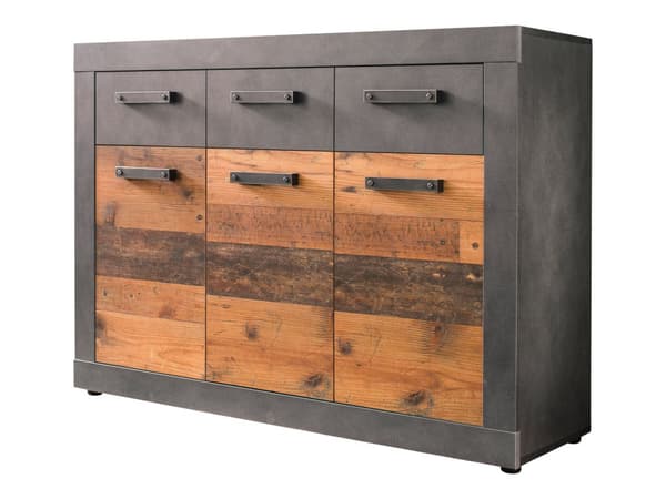 Indy kommode 3 dører, 3 skuffer grå eik dekor, old wood dekor.