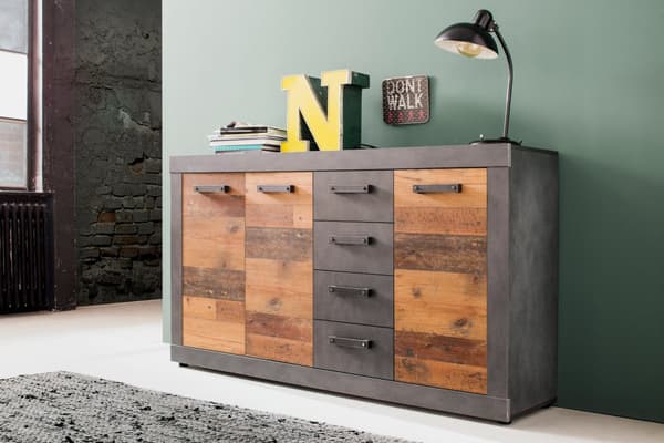 Indy kommode 3 dører, 4 skuffer  grå eik dekor, old wood dekor.