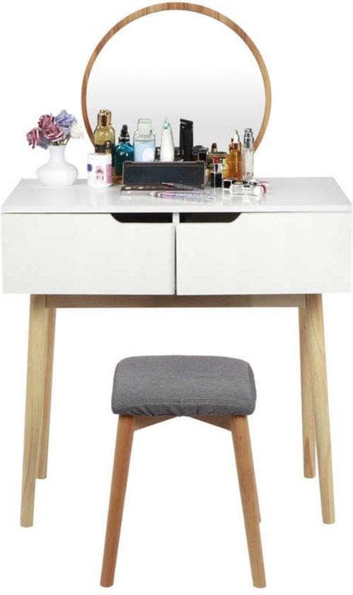 Make-up tabell med spegel | Inkl. avföring | Vit och grå 2 lådor | Utdragbar Vit | Sminkbord