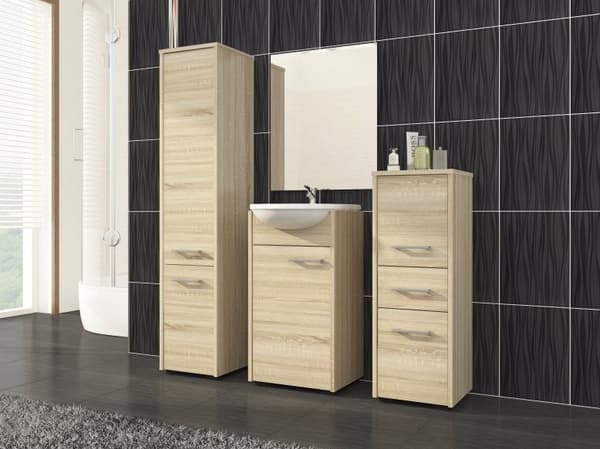 3xEliving Koralia FinD2SZ1W1 kylpyhuoneen kaappi kahdella kaapilla ja laatikolla, D: H: 140 cm, L: 30 cm, S: 30 cm