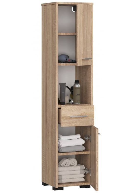 3xEliving Koralia FinD2SZ1W1 kylpyhuoneen kaappi kahdella kaapilla ja laatikolla, D: H: 140 cm, L: 30 cm, S: 30 cm