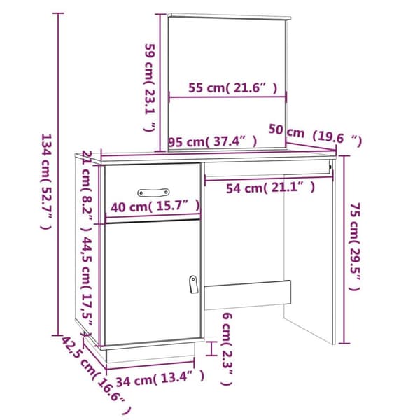 vidaXL makeupbord 95x50x134 cm massivt fyrretræ sort