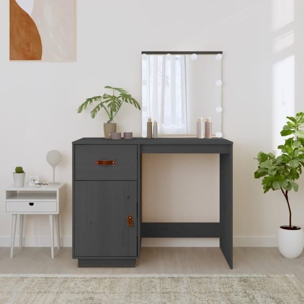 vidaXL Sminkbord med LED grå 95x50x133,5 cm massiv furu