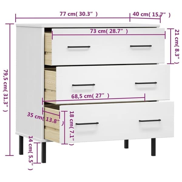 vidaXL Byrå med 3 lådor vit OSLO 77x40x79,5 cm massivt trä