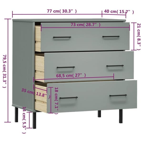 vidaXL skænk med 3 skuffer OSLO 77x40x79,5 cm massivt træ grå