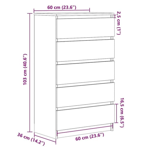 vidaXL Kommode sonoma eik 60x36x103 cm konstruert tre