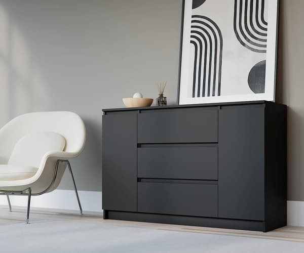 3xEliving Lipasto Demi 140 cm, 2 ovea ja 3 laatikkoa mustana - moderni senkki, jossa on runsaasti säilytystilaa - 140 x 78 x 39 cm