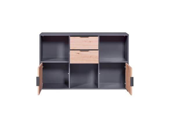 Pepeto skjenk 2 skuffer, 2 dører, 3 hyller grå, Artisan eik dekor.