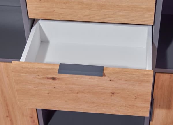 Pepeto skjenk 2 skuffer, 2 dører, 3 hyller grå, Artisan eik dekor.
