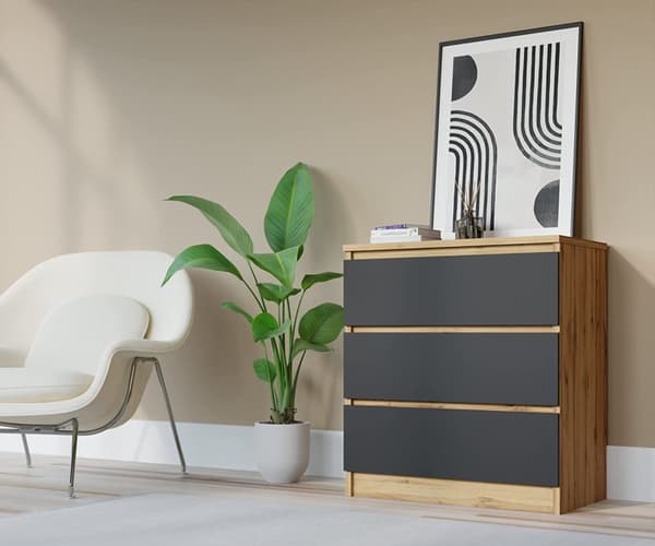 Kommode med 3 skuffer, 70 x 39 x 78 cm wotan/sort