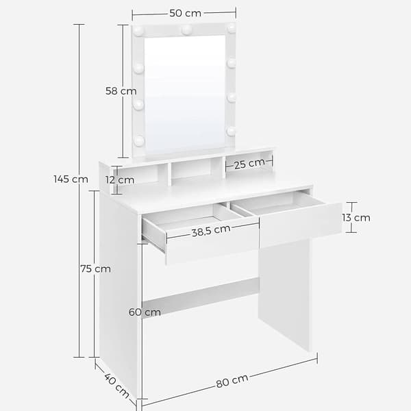 Rootz Sminkbord - Sminkbord - Spegel - Belysning - 2 lådor - Öppna fack - Vit - Bearbetat trä - 80 x 40 x 145 cm
