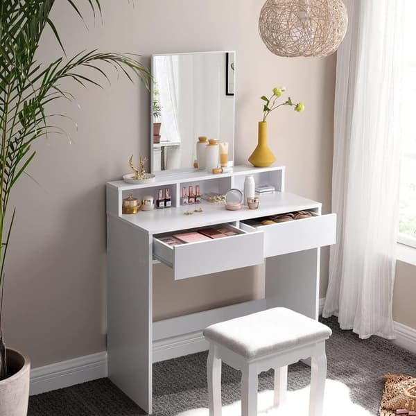 Rootz Toiletbord - Comestica Bord - Make-up bord - 2 skuffer - Spejl - Åbne rum - Forarbejdet træ - Hvid - 80 x 40 x 140 cm