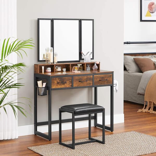 Rootz Sminkbord - Set - Sminkbord - 3-delat - Fällbar spegel - Hårtorkhållare - Kosmetikbord - Stoppad pall - 3 lådor - Industriell - Brun - Svart
