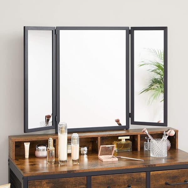 Rootz Sminkbord - Set - Sminkbord - 3-delat - Fällbar spegel - Hårtorkhållare - Kosmetikbord - Stoppad pall - 3 lådor - Industriell - Brun - Svart
