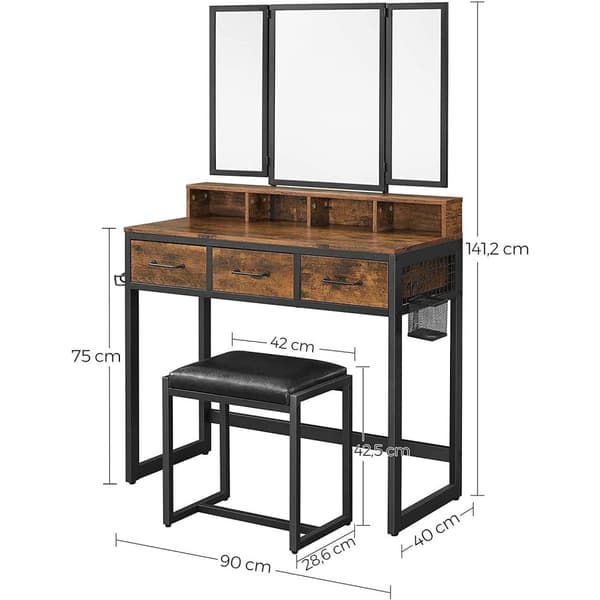 Rootz Sminkbord - Set - Sminkbord - 3-delat - Fällbar spegel - Hårtorkhållare - Kosmetikbord - Stoppad pall - 3 lådor - Industriell - Brun - Svart