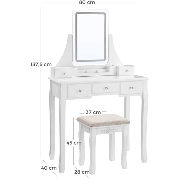 Rootz Meikkipöytä LED-valolla - Meikkipöytä - Peili - 5 laatikkoa - Jakkaralla - Valkoinen - 80 x 40 x 137,5 cm (PxLxK)