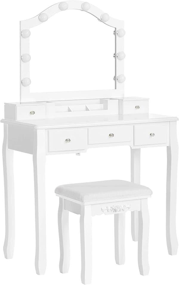 Rootz Sminkbordsset - Sminkbord - Pall - Spegel - Belysning - Förvaringslåda - 6 fack - 5 lådor - Vit - Bearbetat trä - 80 x 40 x 139 cm