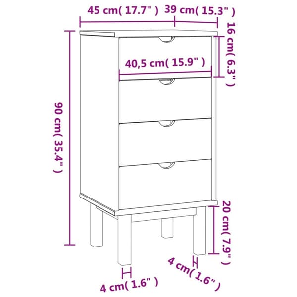 kommode OTTA 45x39x90 cm massivt fyrretræ brun og hvid