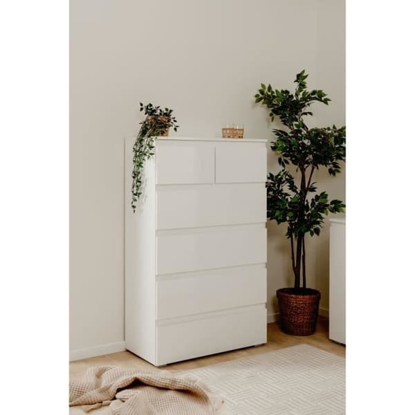 CAPETOWN byrå - Blank vit dekor - 6 lådor - L80 x H131,5 x D40 cm
