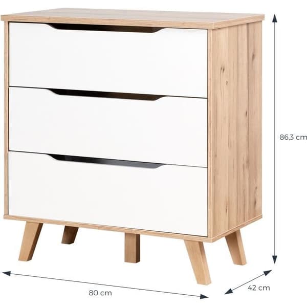 Byrå med 3 lådor - Ek och matt vit dekor - Rejäla ben - Skandinavisk L 80 cm - VANKKA