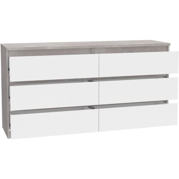 CHELSEA 6 lådor byrå - Vit/ljus betongfärg - L 154 x D 42,2 x H 79,9 cm
