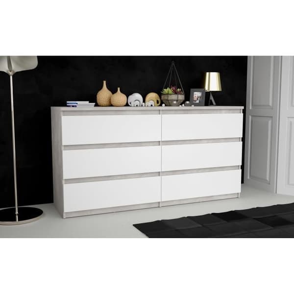 CHELSEA 6 lådor byrå - Vit/ljus betongfärg - L 154 x D 42,2 x H 79,9 cm