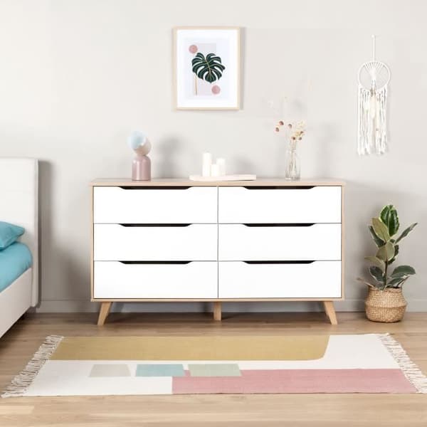 6-lådors byrå - I spånskiva - Ek och vit dekor - Modern - L 154 x D 42 x H 86 cm