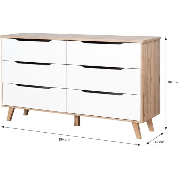 6-lådors byrå - I spånskiva - Ek och vit dekor - Modern - L 154 x D 42 x H 86 cm