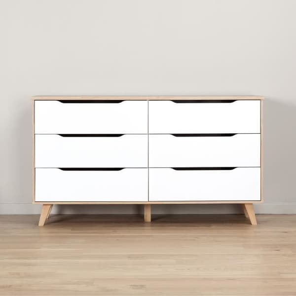 6-lådors byrå - I spånskiva - Ek och vit dekor - Modern - L 154 x D 42 x H 86 cm