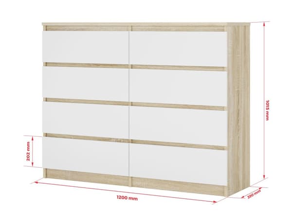 Sonoma 8-laatikkoinen lipasto tammi / valkoinen, L: 120 cm, K: 79 cm, S: 39 cm, Säilytysyksikkö