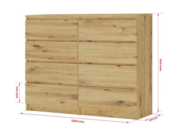 8-laatikkoinen lipasto tammi / valkoinen, L: 120 cm, K: 79 cm, S: 39 cm, Säilytysyksikkö