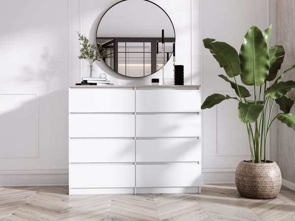 Kommode med 8 skuffer Hvid / Top Eg, L: 120 cm, H: 101 cm, D: 39 cm, Opbevaringsenhed