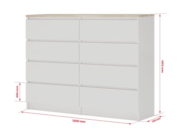 Kommode med 8 skuffer Hvid / Top Eg, L: 120 cm, H: 101 cm, D: 39 cm, Opbevaringsenhed