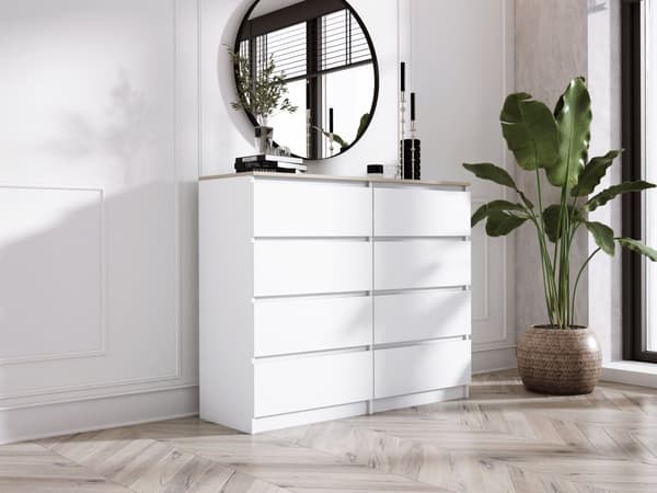 Kommode med 8 skuffer Hvid / Top Eg, L: 120 cm, H: 101 cm, D: 39 cm, Opbevaringsenhed