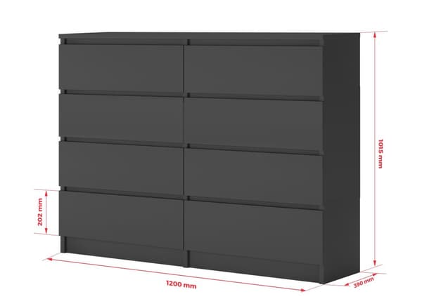 Antracit byrå med 8 lådor, L: 120 cm, H: 79 cm, D: 39 cm