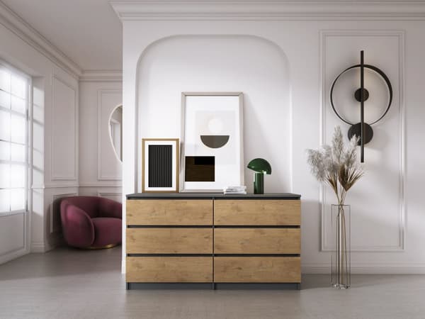 Lipasto 6 laatikkoa Antrasiitti / Lancelot Oak, L: 140 cm, K: 79 cm, S: 39 cm, Säilytysyksikkö