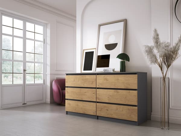 Lipasto 6 laatikkoa Antrasiitti / Lancelot Oak, L: 140 cm, K: 79 cm, S: 39 cm, Säilytysyksikkö