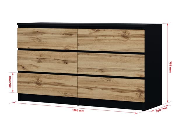 Kommode med 6 skuffer Sort / Wotan Eg, L: 140 cm, H: 79 cm, D: 39 cm, Opbevaringsenhed