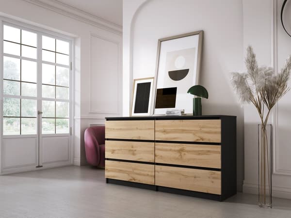 Kommode med 6 skuffer Sort / Wotan Eg, L: 140 cm, H: 79 cm, D: 39 cm, Opbevaringsenhed