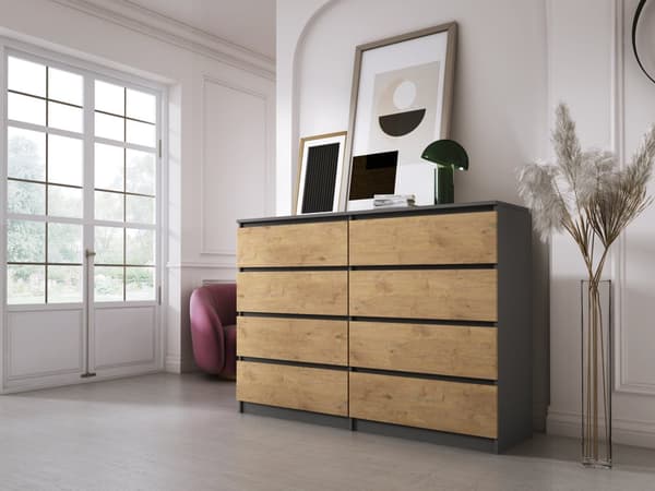 Kommode med 8 skuffer Antrazit / Lancelot Eg, L: 140 cm, H: 101 cm, D: 39 cm, Opbevaringsenhed