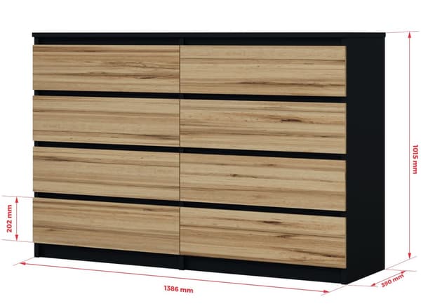 Kommode med 8 skuffer Sort / Wotan Eg, L: 140 cm, H: 101 cm, D: 39 cm, Opbevaringsenhed