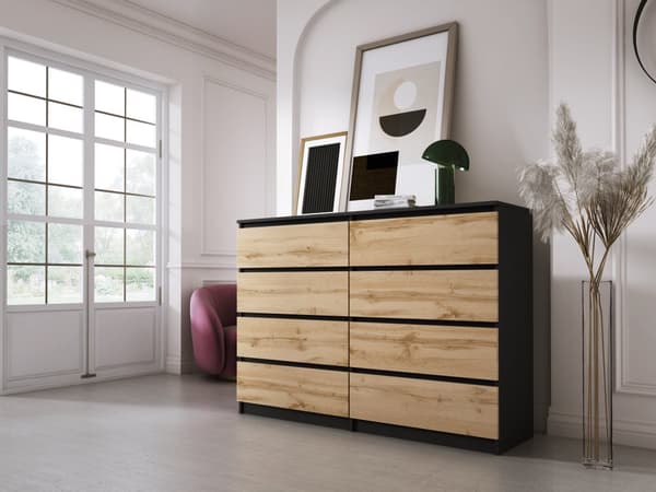 Kommode med 8 skuffer Sort / Wotan Eg, L: 140 cm, H: 101 cm, D: 39 cm, Opbevaringsenhed