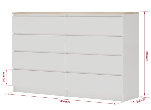 Kommode med 8 skuffer Hvid / Top Eg, L: 140 cm, H: 101 cm, D: 39 cm, Opbevaringsenhed