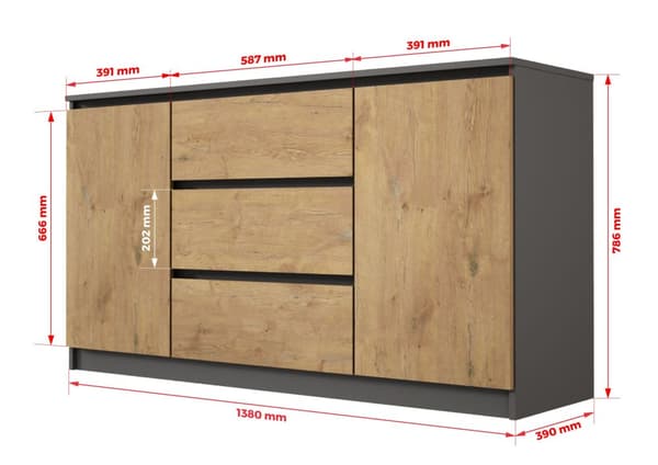 Lipasto, jossa 3 laatikkoa ja 2 ovea Anthrazite / Lancelot Oak, L: 140 cm, K: 101 cm, S: 39 cm, Säilytysyksikkö